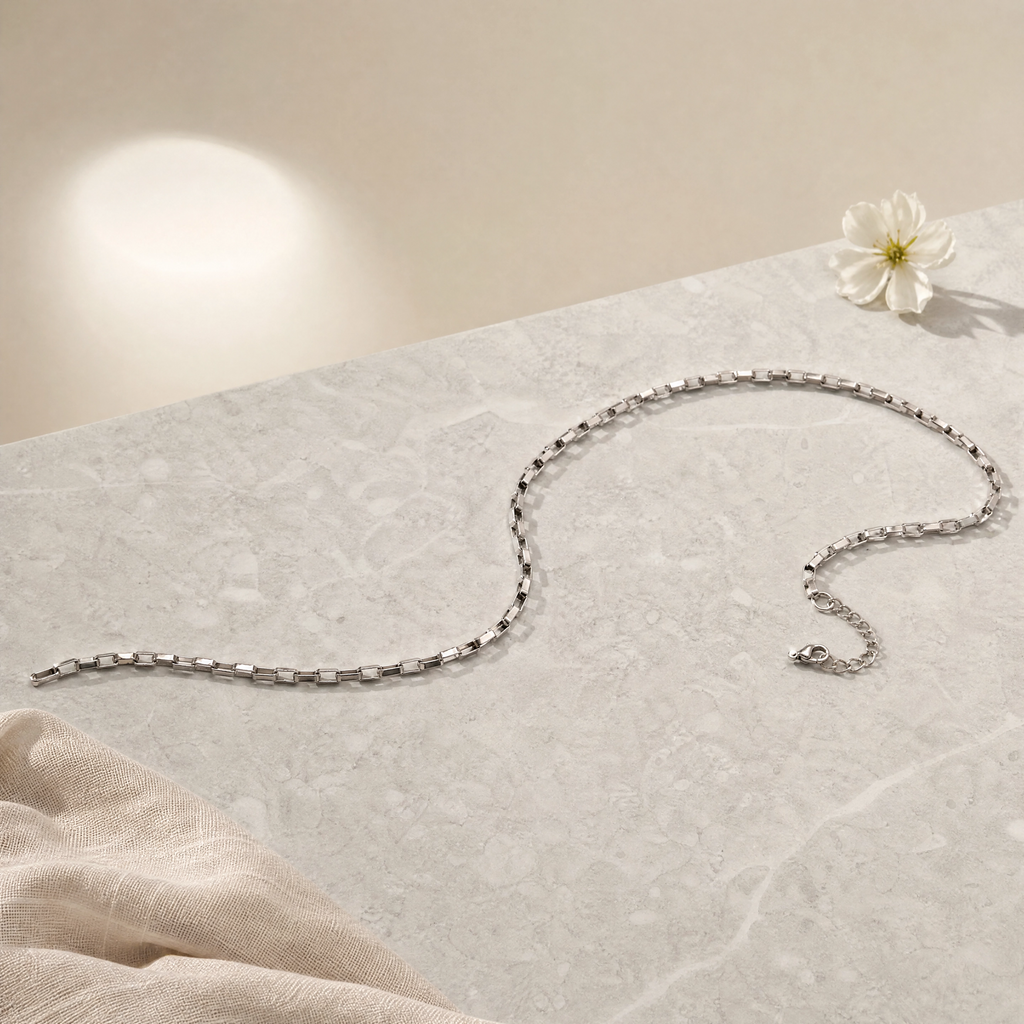 Silver Titanium Steel Rectangle Box Chain Necklace