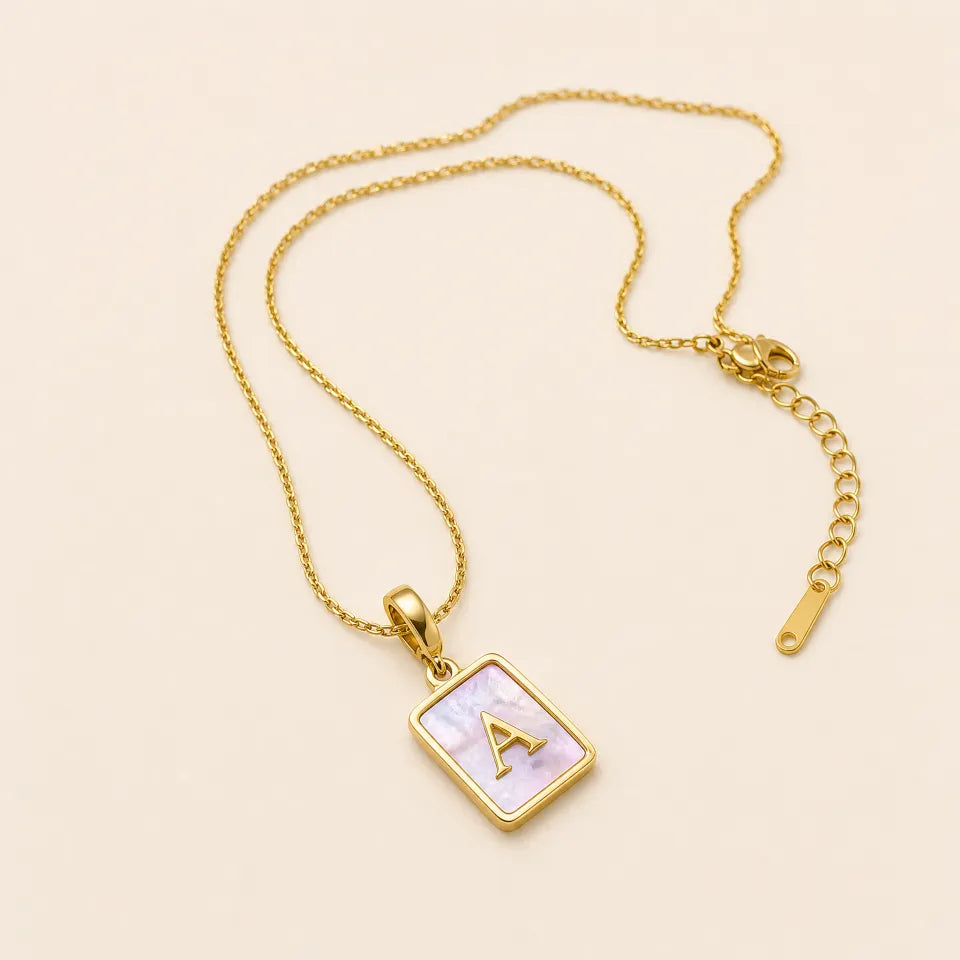 Shell Initial Rectangle Pendant Necklace | 18K Gold Plated Stainless Steel