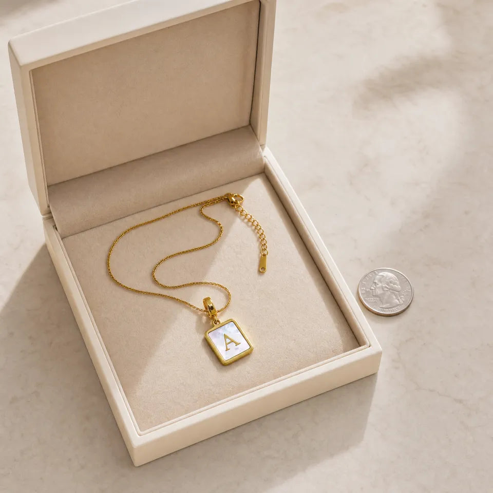 Shell Initial Rectangle Pendant Necklace | 18K Gold Plated Stainless Steel