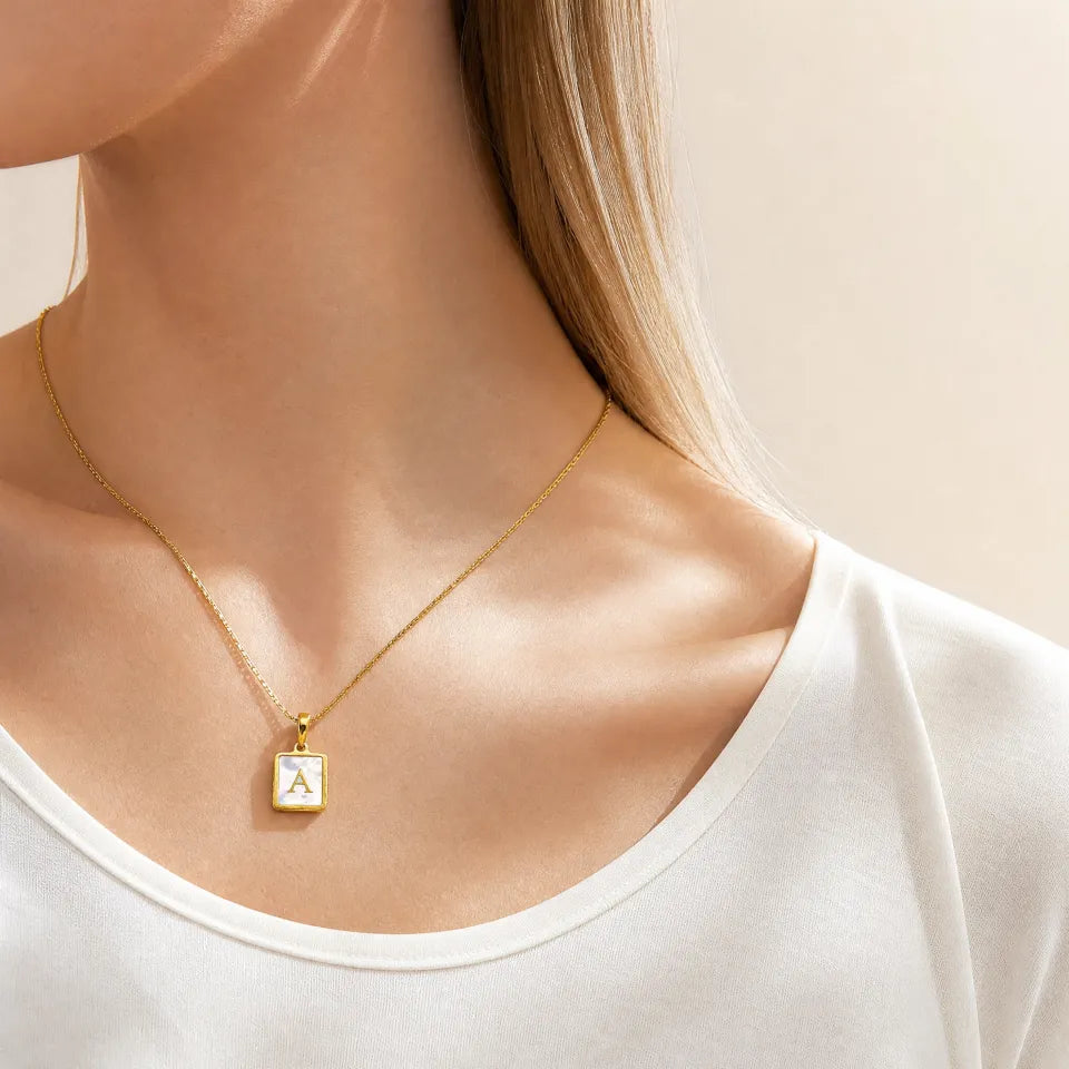 Shell Initial Rectangle Pendant Necklace | 18K Gold Plated Stainless Steel