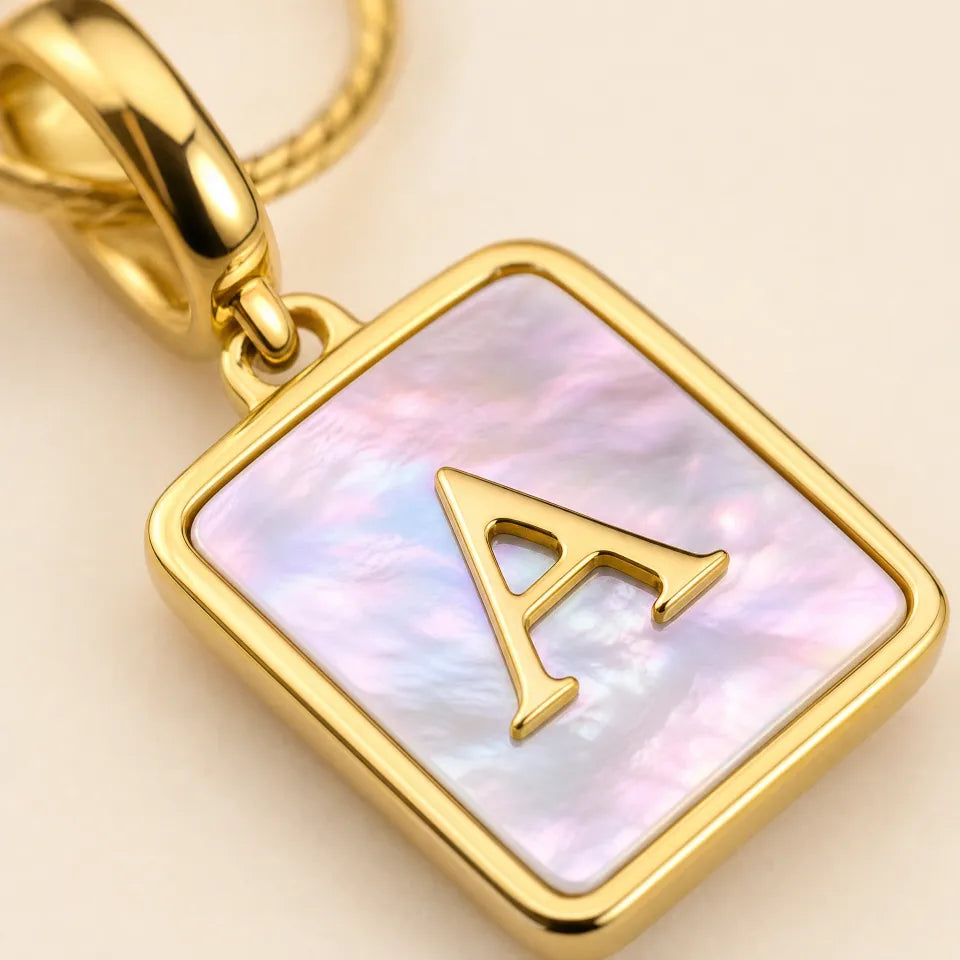 Shell Initial Rectangle Pendant Necklace | 18K Gold Plated Stainless Steel